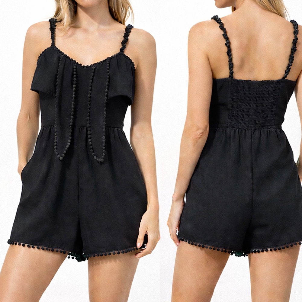 Shaycation x REVOLVE Linen Blend Pom Trim Romper Black XS
